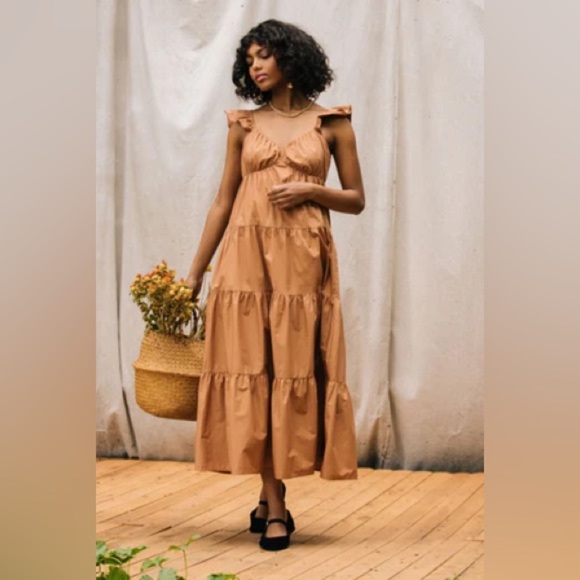 Skies are Blue Diana Poplin Tiered Ruffle Maxi Dress Tuscan Tan Size Medium - Picture 14 of 14